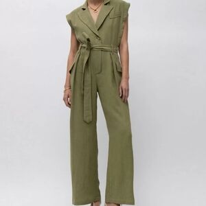 Olive Green Sleeveless Jumpsuit with Tie Belt and Wide Legs